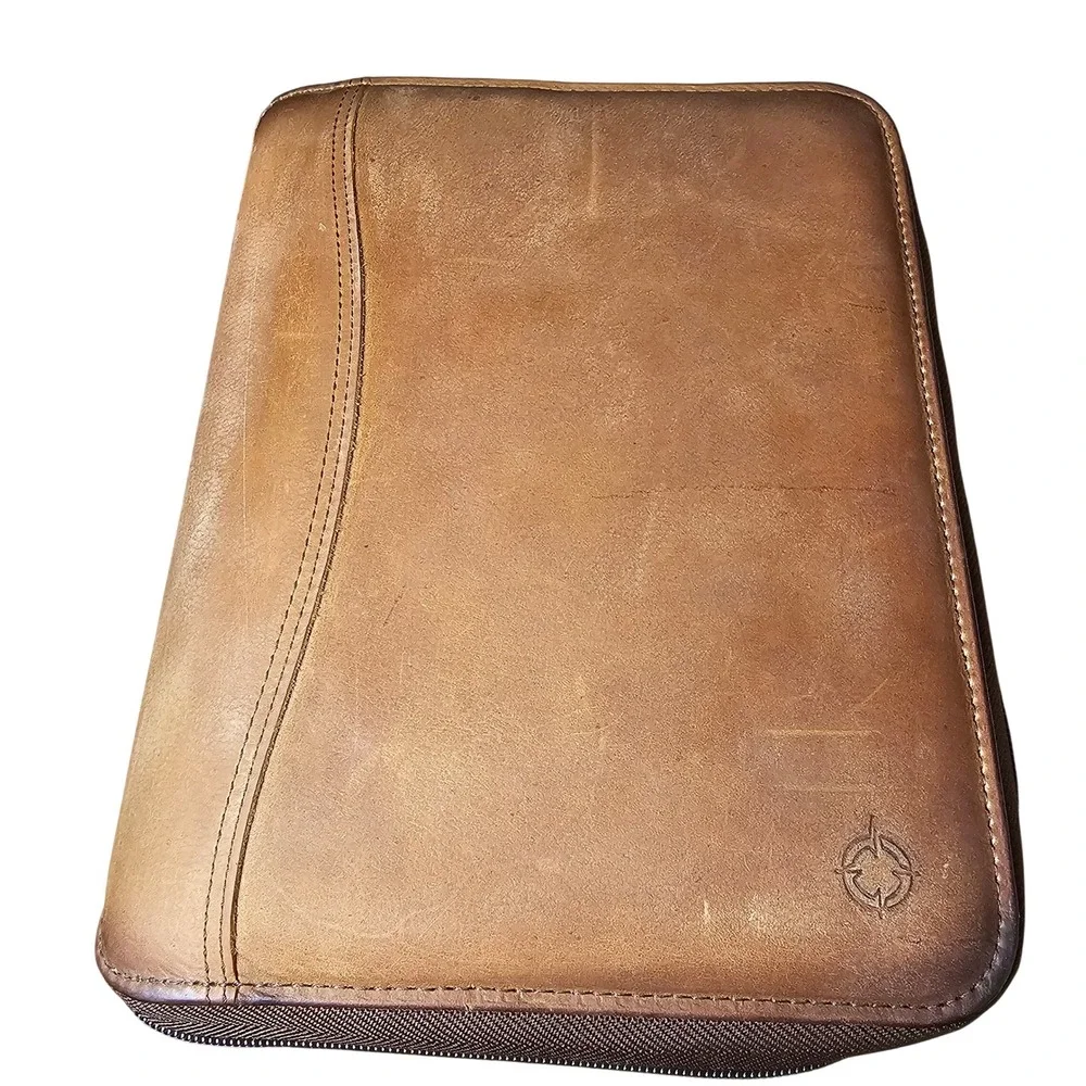 Vintage 90s Franklin Covey Brown Tan Leather 7-Ring Zip Planner USA Academia